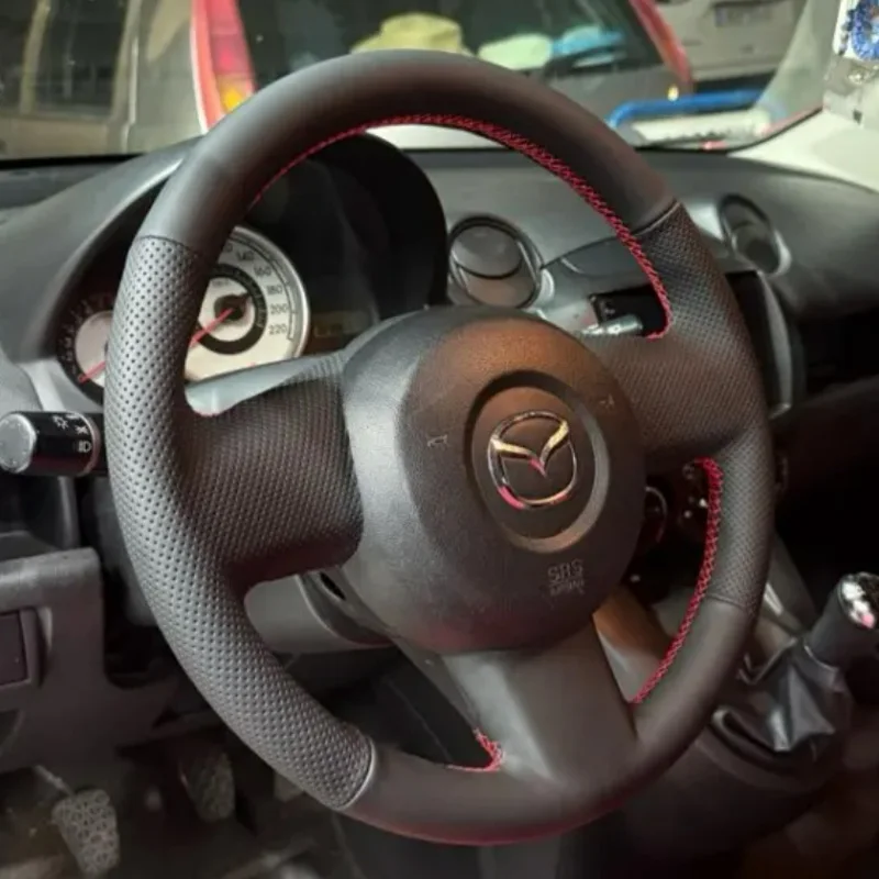 For Mazda 2 2009 2010 2011 2012 Customize Hand-stitched Non-slip Black Leather Car Steering Wheel Cover Interior Accessories