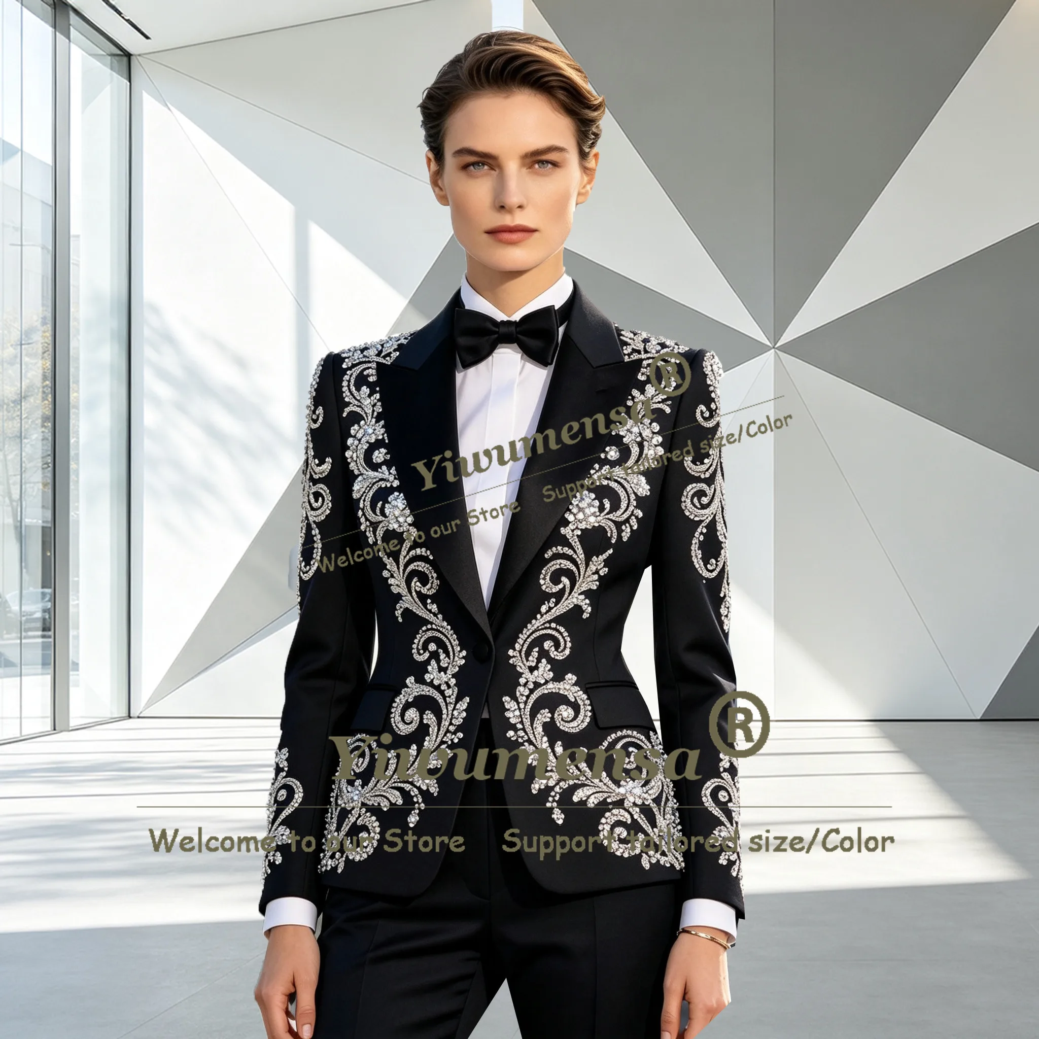 Brilliant Beading Sequin Women Tuxedo Suit Single Breasted Jacket Pants 2 Piece Sets Lady Clothes Customized Conjuntos Femininos