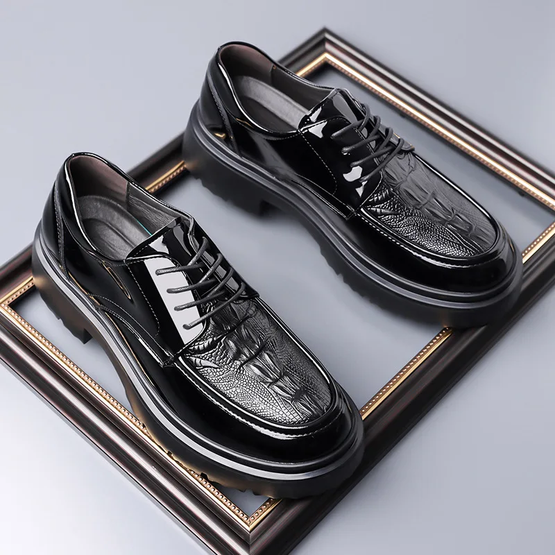 British Style Patent Leather Shoes Men's Formal Dress Shoes Spring Fall 2026 Square Heel Platform Shoes Decent Business Wedding