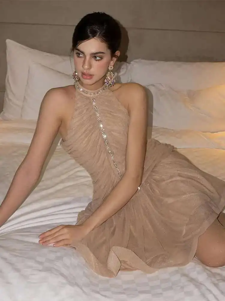 فستان أنيق للحفلات مزين بالترتر للنساء BabYoung بدون أكمام بدون ظهر بحاشية مكشكشة A-E فساتين سهرة صغيرة للسيدات لربيع 2025