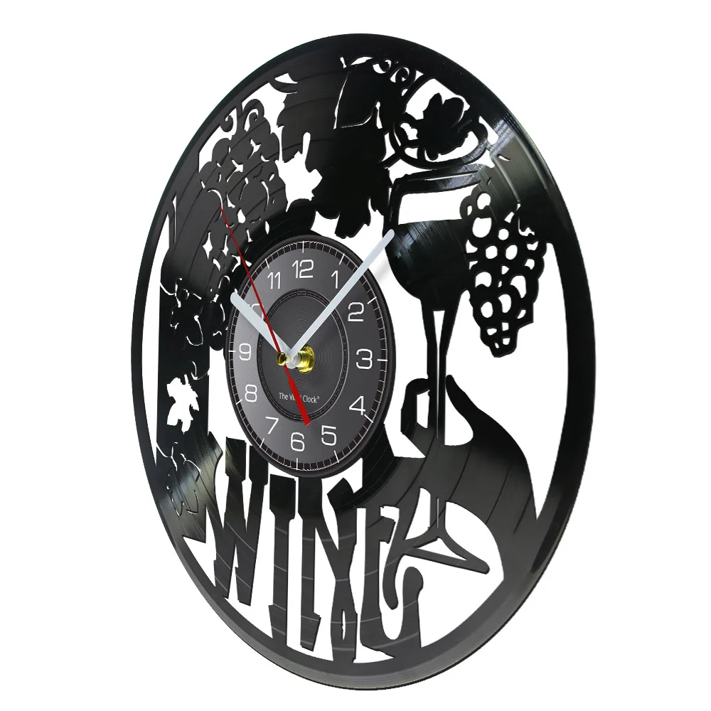 Wine Logo Wall Clock Winery Bottle Glass Grape Vine Drink Drinking Alcohol Liquor Pub Bar Label Emblem Vinyl Record Wall Clock