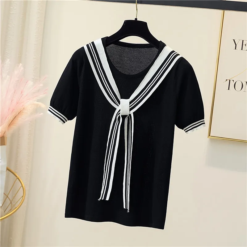 2024 Summer Short Sleeve Korean Sweater Knitted Pullover Women Sweaters Tops All-Match Basic Thin Pull Femme Jumper Female Black