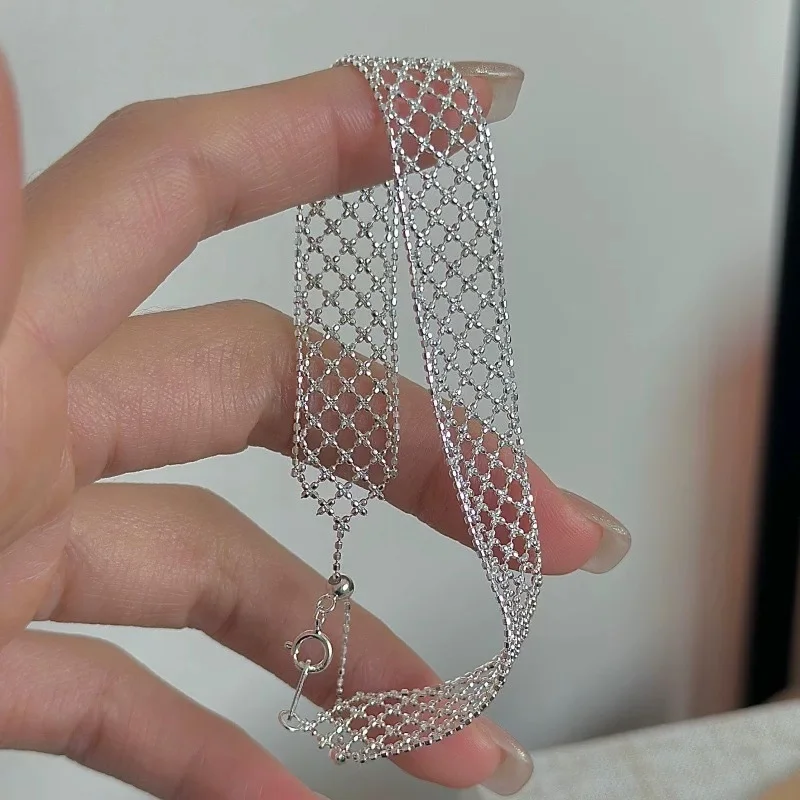 Vintage 925 Silver Plated Metal Wide Bracelet Delicate Hollow Mesh Filigree Lace Adjustable Pull Chain Cuff Bangle Unisex Jewel