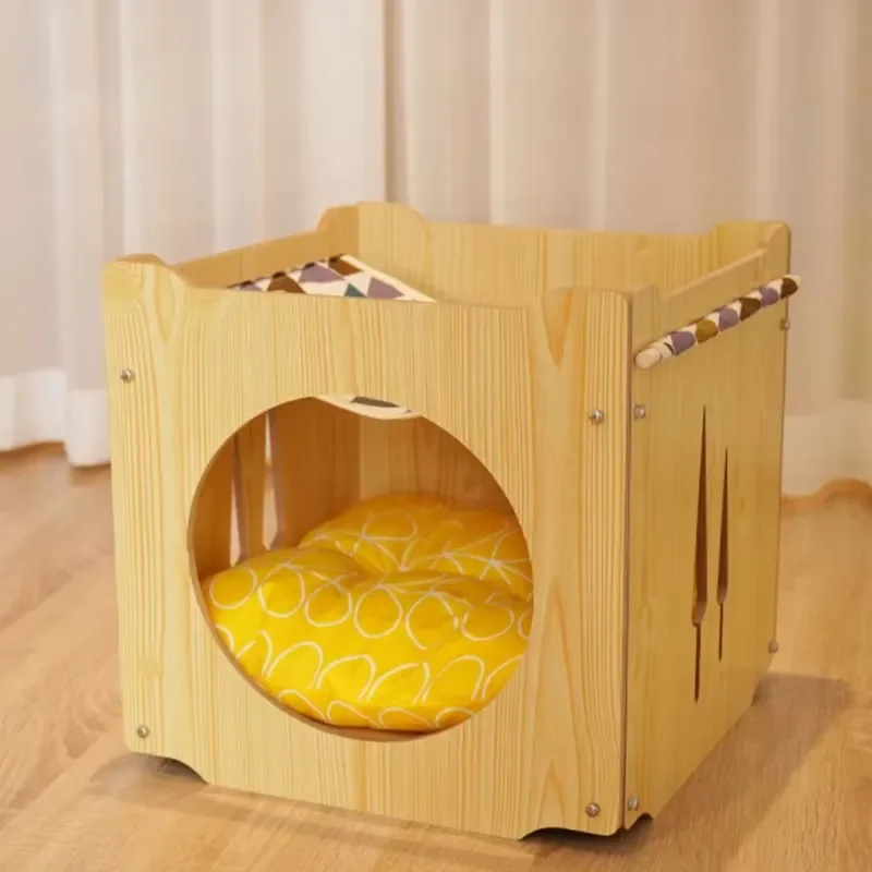 Wooden Cat House Semi Closed Bed Universal Season Nest Stackable Hammock Supplies for Indoor Pets Comfortable Sleeping Cave