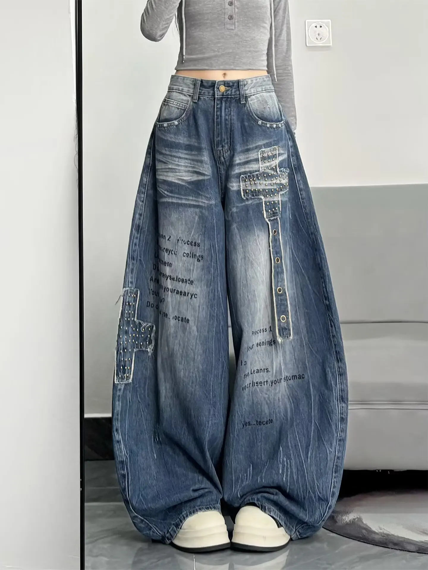 American High Street Rivet Letter Print Denim Retro Women's Autumn High Waisted Loose Wide Leg Pants Y2K Straight Leg Pants