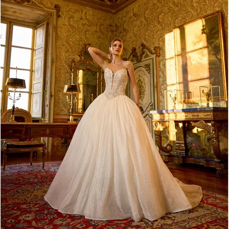 Luxurious Shiny White A-Line Lace Bead Decal Women's Wedding Dress Sexy Deep V-Neck Backless Ball Party Bridal Gown Customized