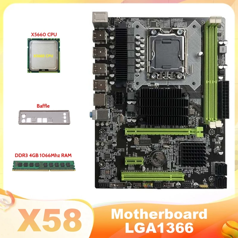 Материнская плата X58 LGA1366, материнская плата с поддержкой процессора XEON X5650 X5670 серии с процессором X5660 + DDR3 4 Гб 1066 МГц ОЗУ