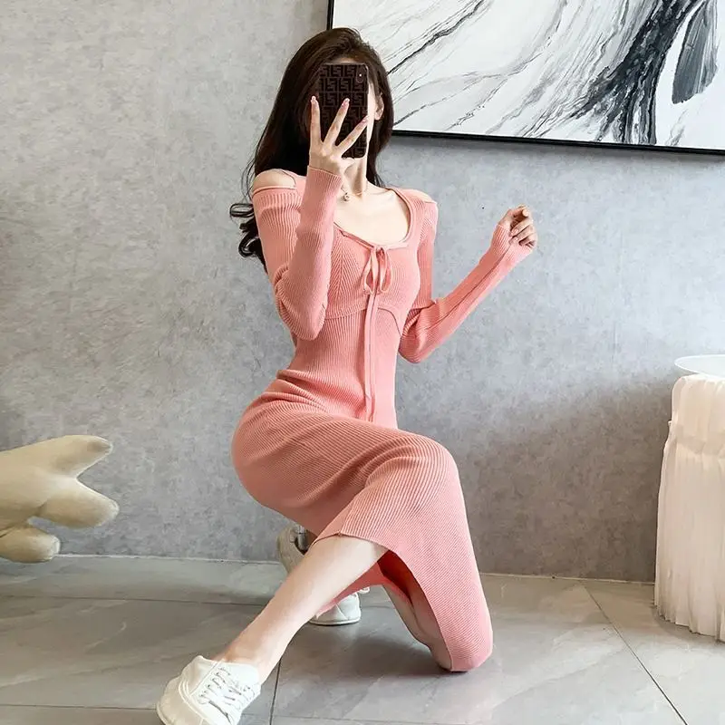 Sweater Dress Woman Autumn Winter 2024 Female Knit Dresses Casual Midi Bodycon Wrap Sexy For Fall And Winter Pink High Quality