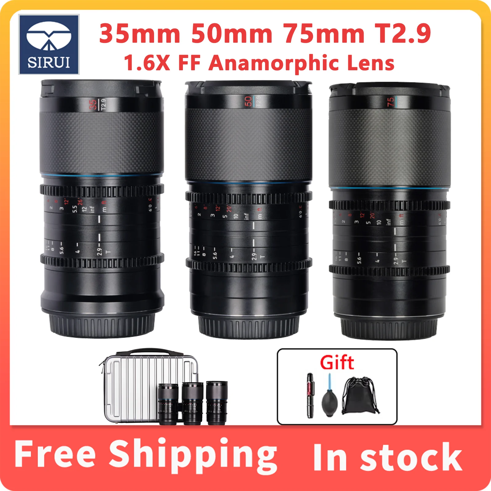 

SIRUI Saturn Series 35mm 50mm 75mm T2.9 1.6X Full Frame Anamorphic Lens Carbon Fiber For Canon RF Sony E Nikon Z Fuji XF Leica L