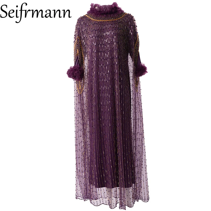 Seifrmann Spliced ​​Beaded Cape Dress Stand Collar Short Sleeve Loose Long Dress 2026 Autumn Women's New Style
