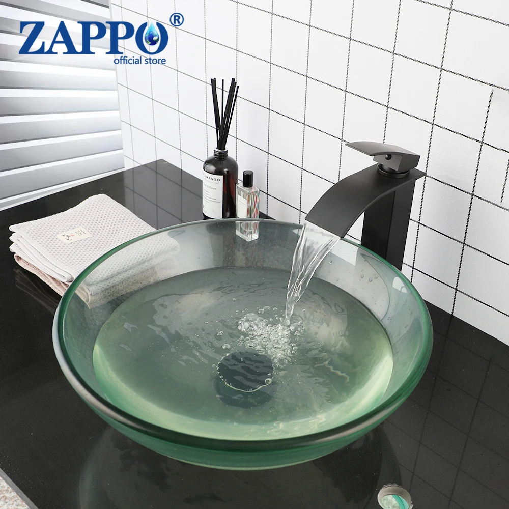 ZAPPO Round Bathroom Vessel Sink Above Counter Clear Tempered Glass Sink with Black Faucet Hot Cold Water Mixer Combo