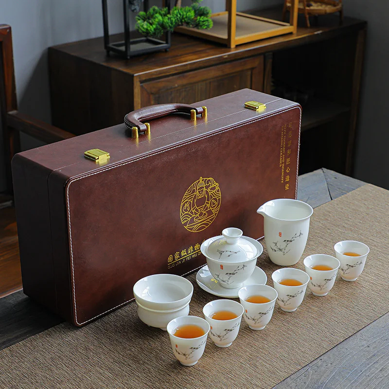 High-end Sheep Fat Jade Porcelain Pure Hand-painted Kung Fu Tea Set White Porcelain Three Talents Gaiwan Tasting Cup Tea Brewing