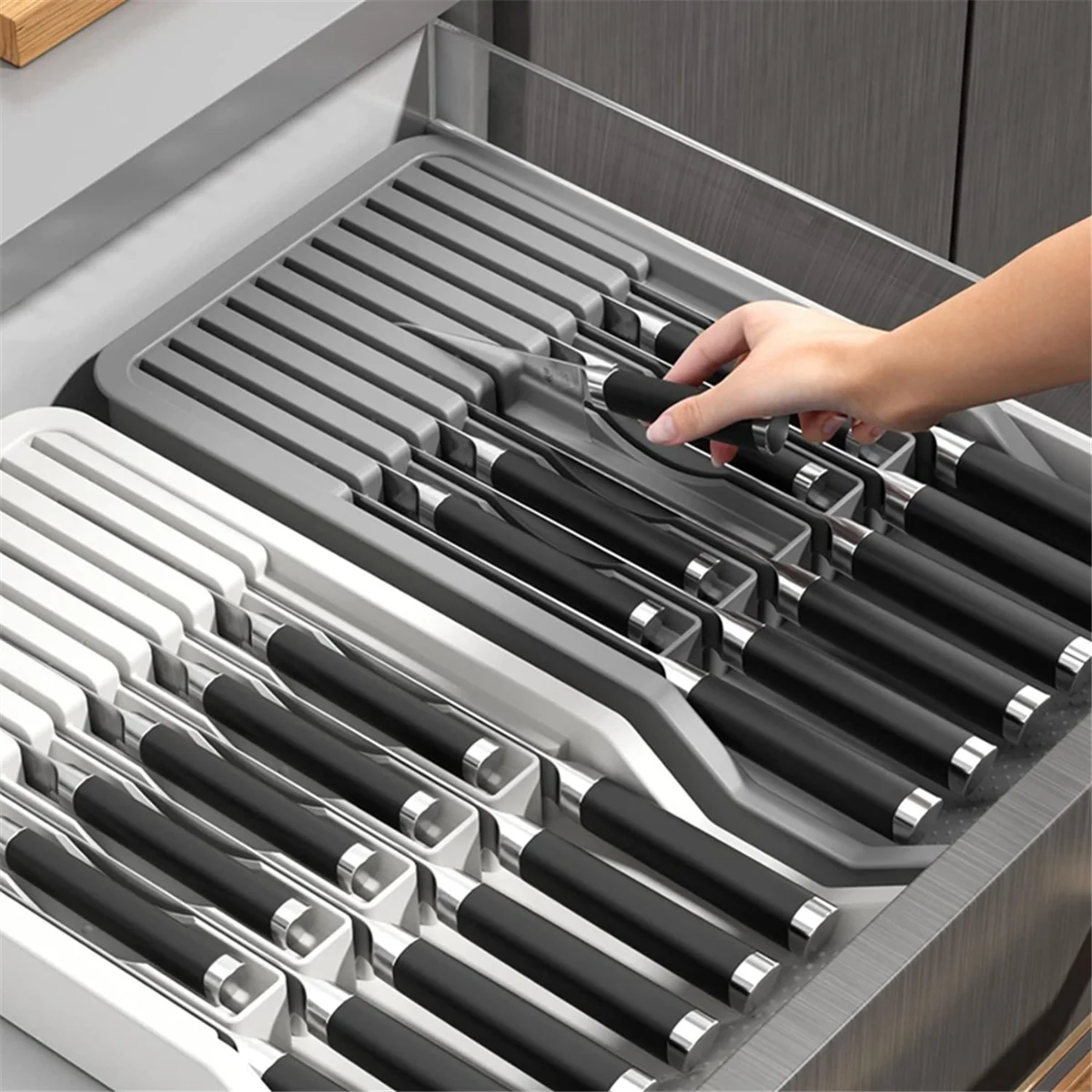Knife Holder, in Drawer Knife Block Holder with Expandable Cutlery Tray Kitchen Drawer Organizer Insert-Holds 11 Knive