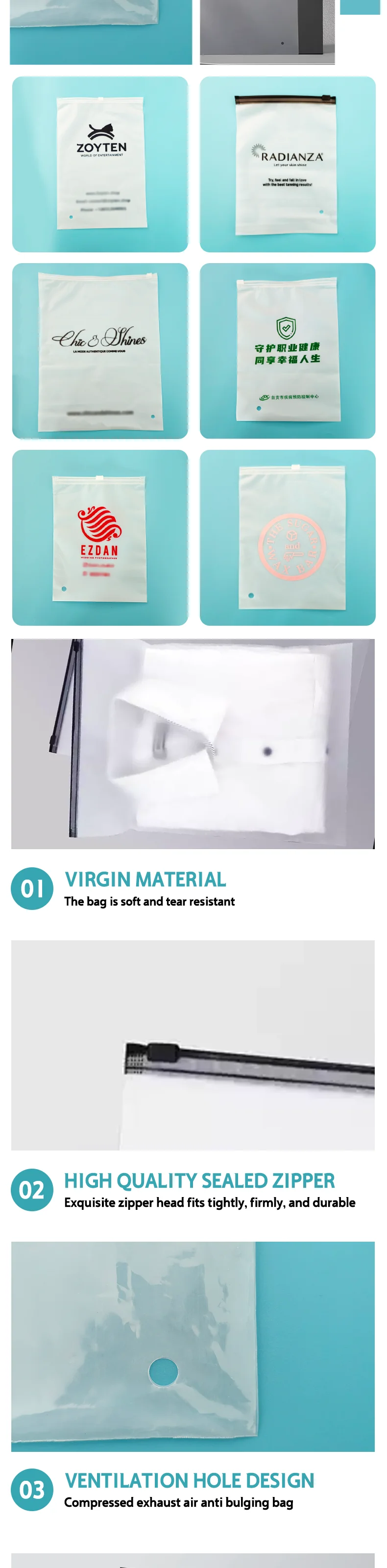 50 Stück weiße, mattschwarze Reißverschlusszipper, Kleidungs-Reißverschlusstaschen, Kleidungs- und Schuhverpackungstaschen, unterstützt individuelles Logo. – Detail 4