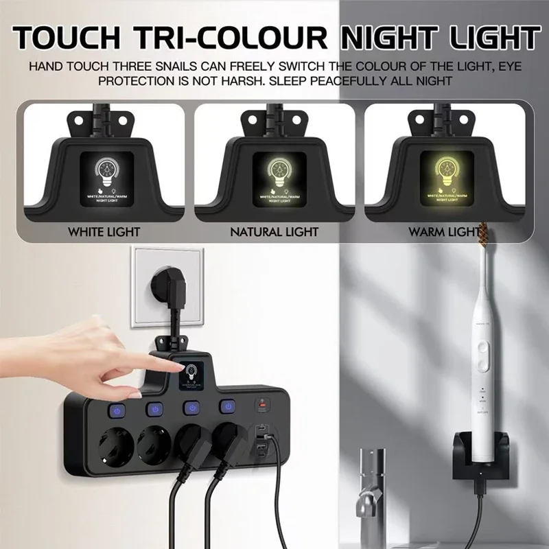 EU Plug Socket 4 AC Outlets 2 USB A 2 Type-C Charger Separate Electrical Switch For Home Power Strip Socket With Night Light