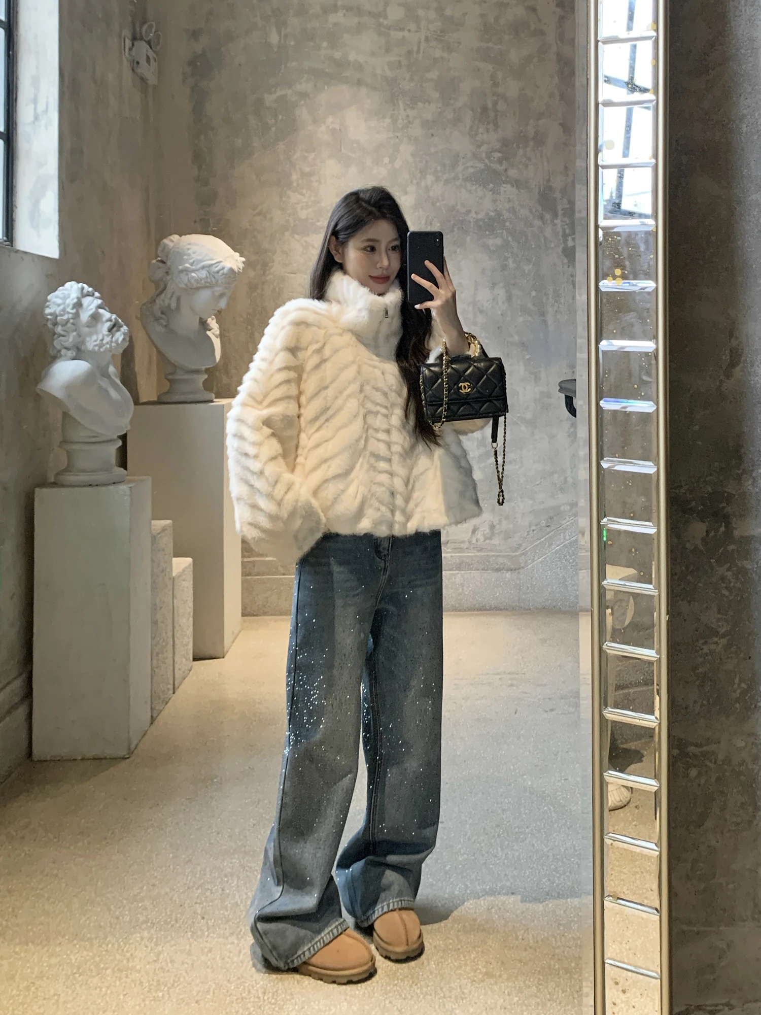 

Женское зимнее теплое пальто-куртка Withmxboom из искусственного меха под снежного барса с воротником-стойкой и длинными рукавами, свободного кроя