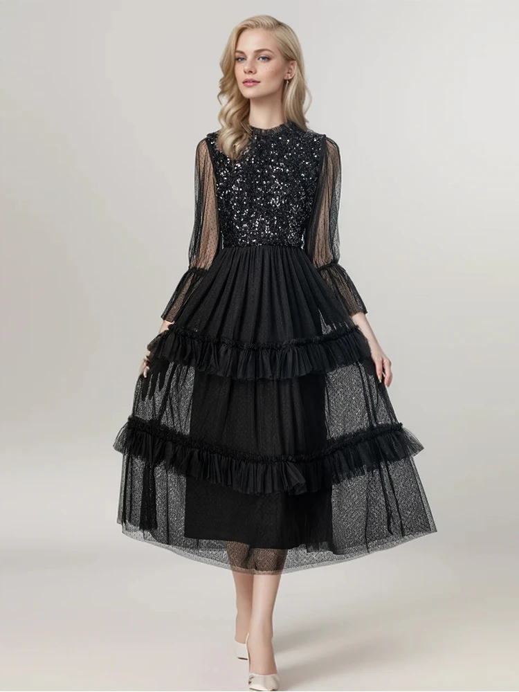 

SEQINYY Elegant Black Dress Summer Spring New Fashion Design Women Runway High Street Sequined Spliced Mesh Ruffles Holiday