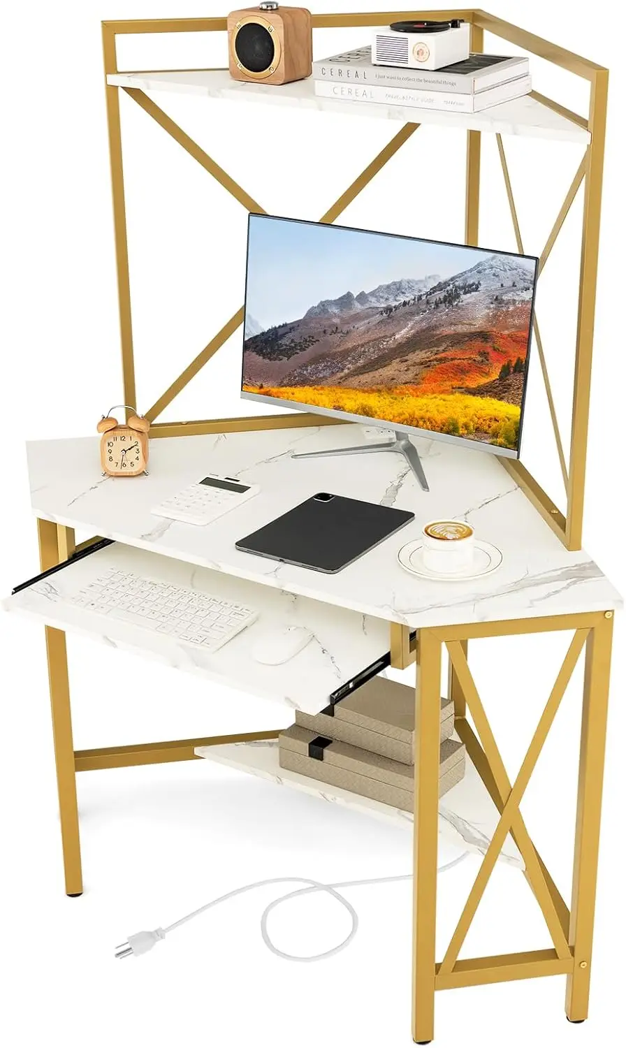 

Modern Metal Frame Corner Desk & Hutch Set with Charging Station, Space-Saving TRIANGLE Computer Desk for Small Home Office