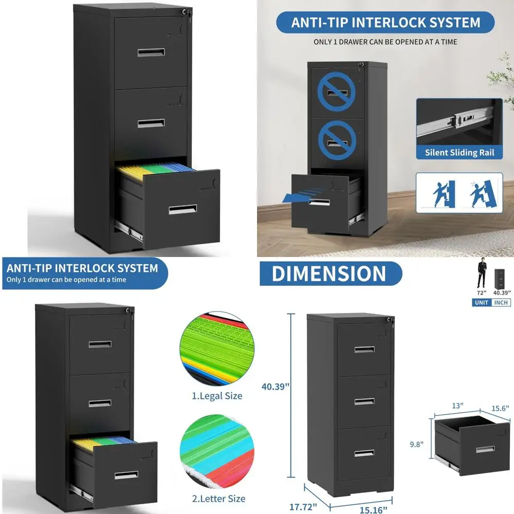 Metal Vertical File Cabinet with Lock, 3-Drawer Steel Storage Cabinet for Home Office, Hanging File Organizer