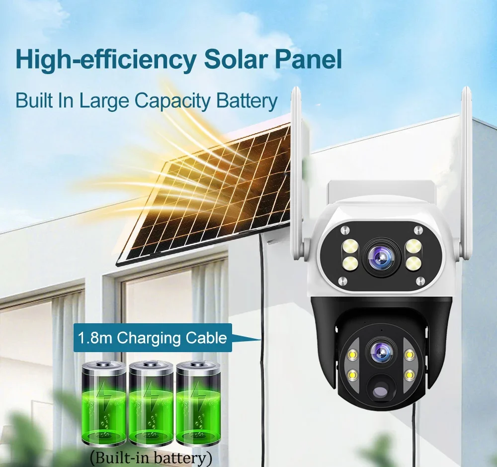 V380 Pro Solar Camera Outdoor 4G SIM Dual Lens CCTV Security with PIR Human Detect Three Screens PTZ IP Camera for Farm Orchard