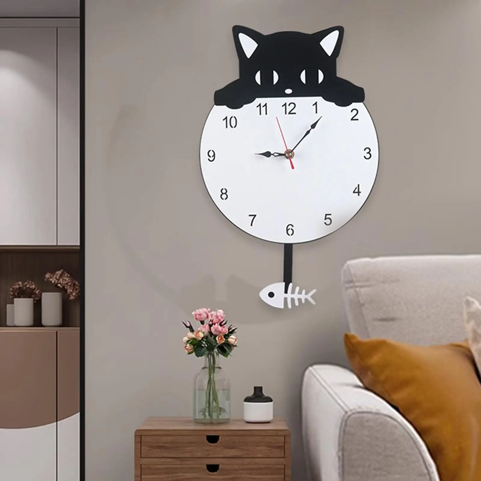 Creative Cat Pendulum Wall Hanging Clock Lovely Cartoon Silent Clock for Home Living Room Dining Room Kids Bedroom Decoration