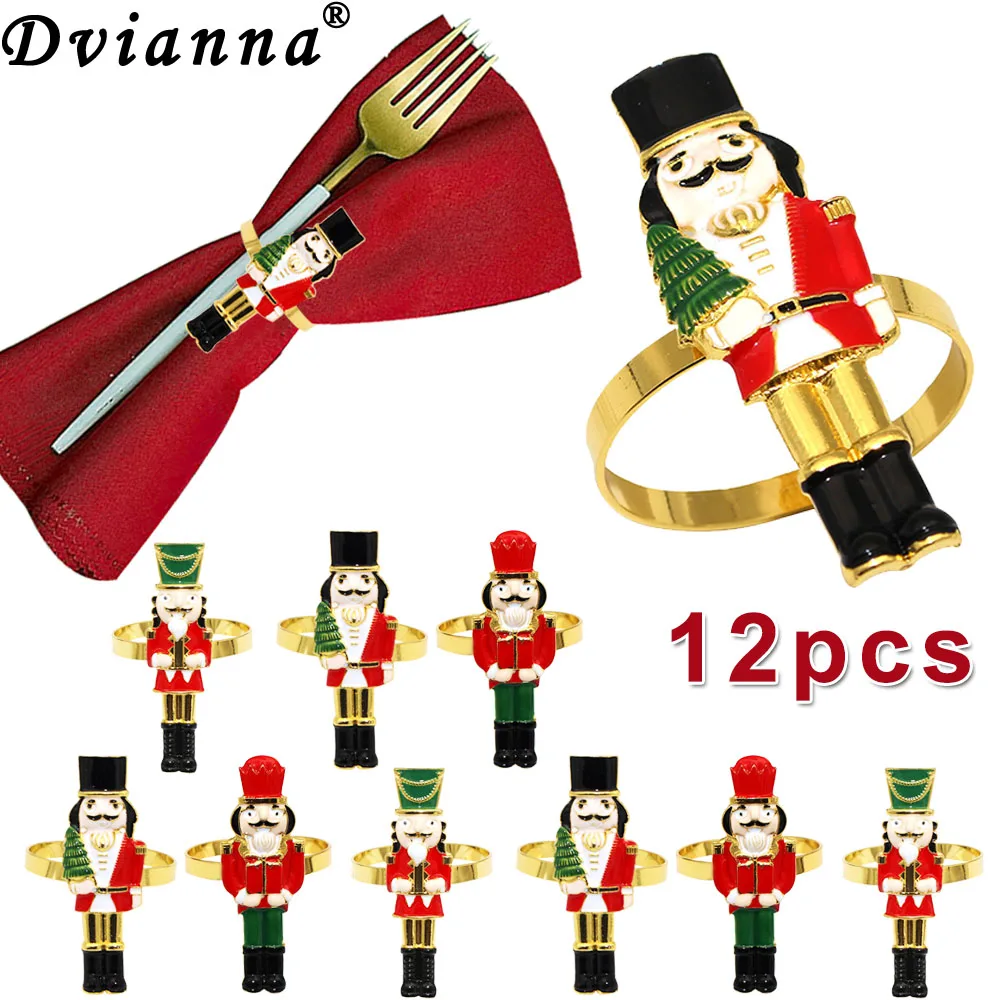 

12Pcs Christmas Nutcracker Napkin Rings Metal Soldier Napkin Holder for New Year Christmas Wedding Dinner Party Table Decoration