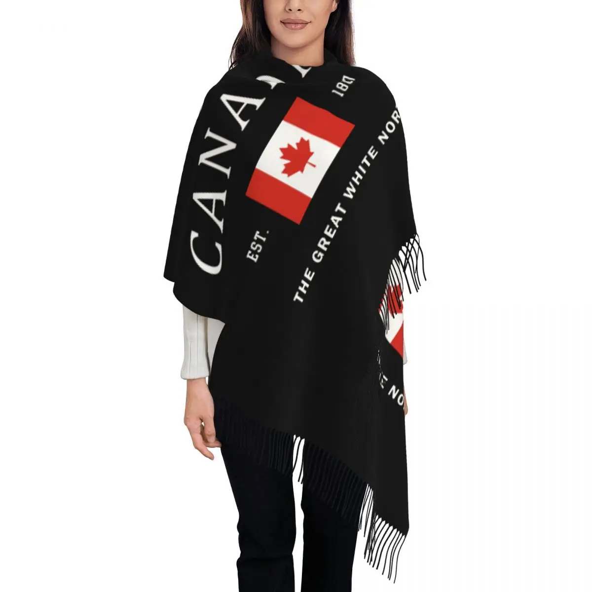

Custom Canada Flag Tassel Scarf Women Soft Canadian Patriotic Pride Shawl Wrap Female Winter Fall Scarves