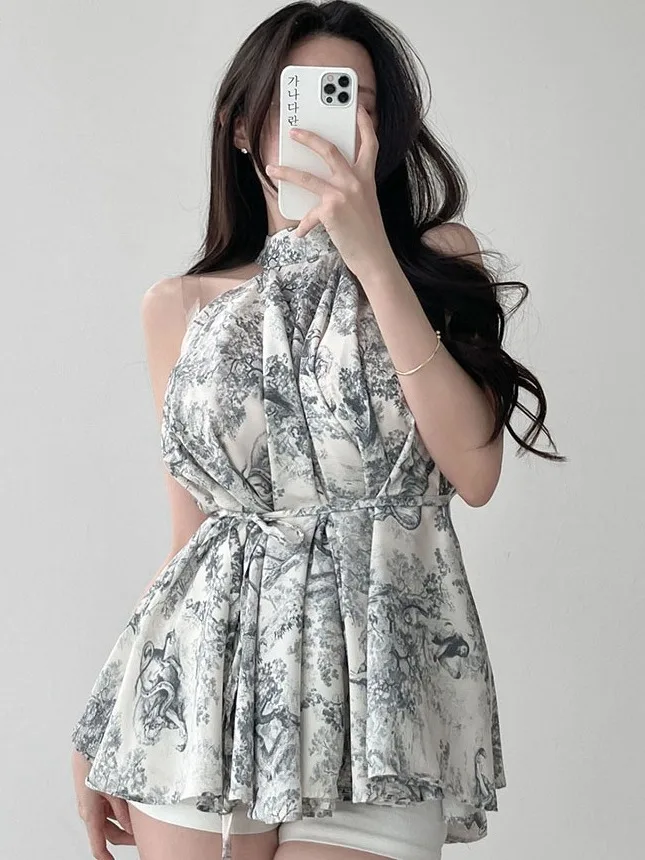 بلوزة صيفية أنيقة بطباعة سومي عتيقة بدون أكمام للنساء، قميص شيفون فضفاض بتصميم رقيق وأنيق