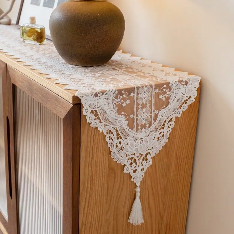 

Designer White Embroidered Lace Long Table Runner Showroom Display Table Furniture Exhibition Decorative Cloth