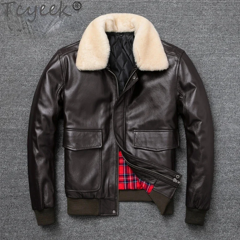 

Force Air Flight Jacket Fur Collar Genuine Top Layer Cow Leather Men Black Brown Coat Men's Winter 정품 가죽