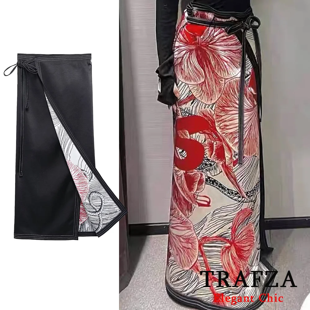 

TRAFZA женская двусторонняя юбка-саронг с принтом, черная юбка с запахом, новинка 2025, весенняя мода, женская богемная элегантная винтажная юбка