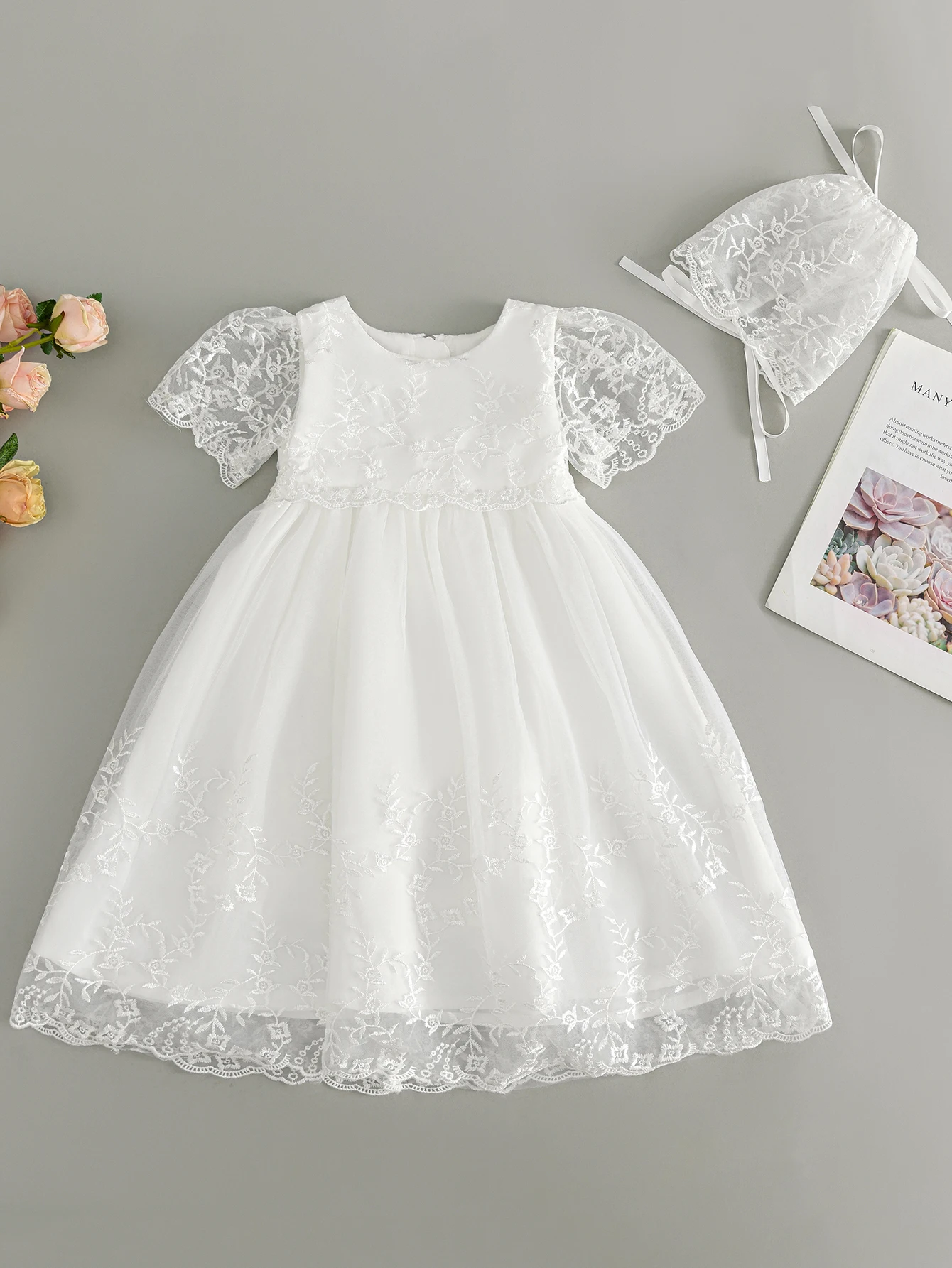 High Quality Short Sleeve Princess Evening Gowns Baby Girl  Birthday Wedding Party Dress With Hat