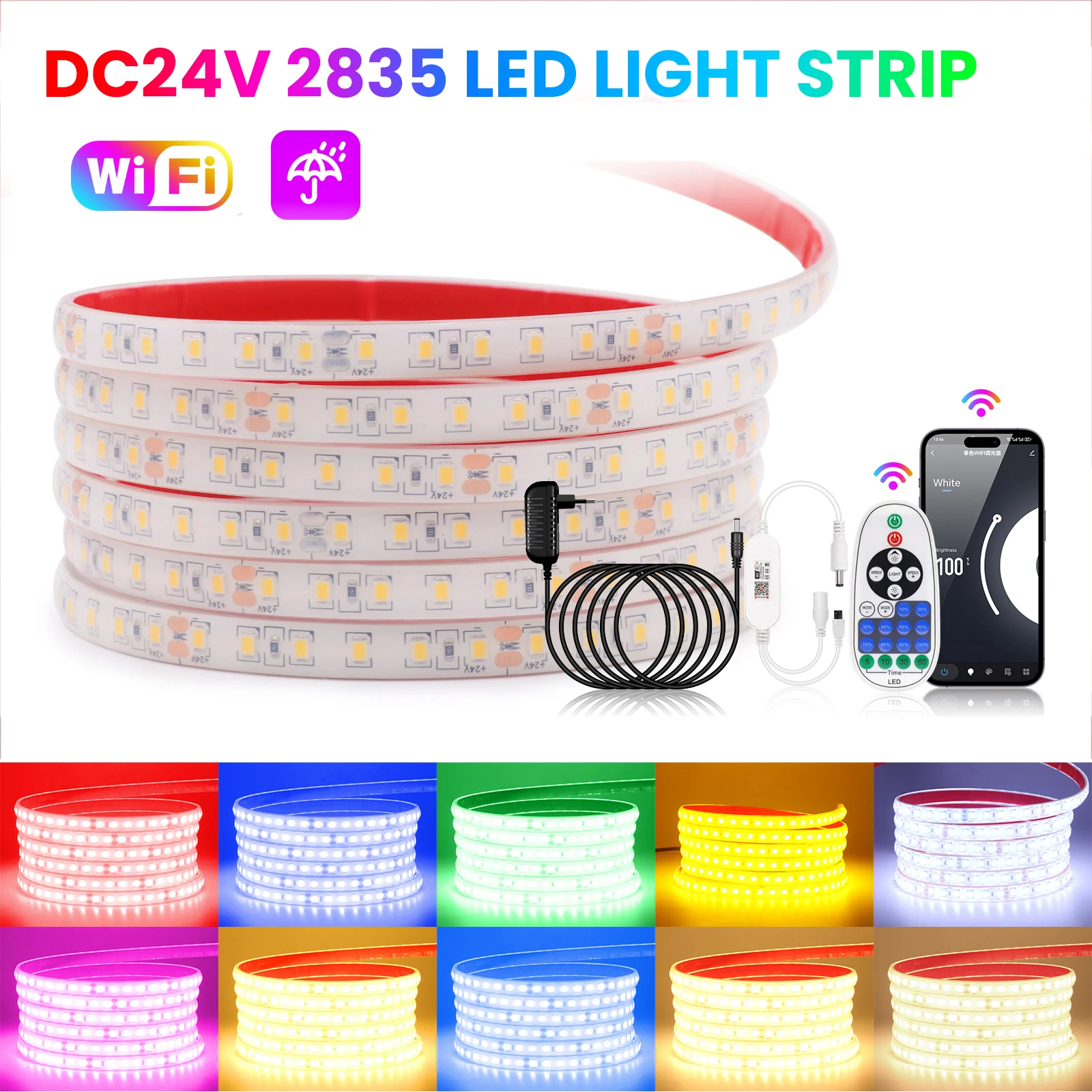 WIFI Dimmerable LED Strip 24V IP68 Waterproof 120Leds/M 1M-10M Red Ice Blue Green White Pink Yellow Flexible Ribbon Rope Light