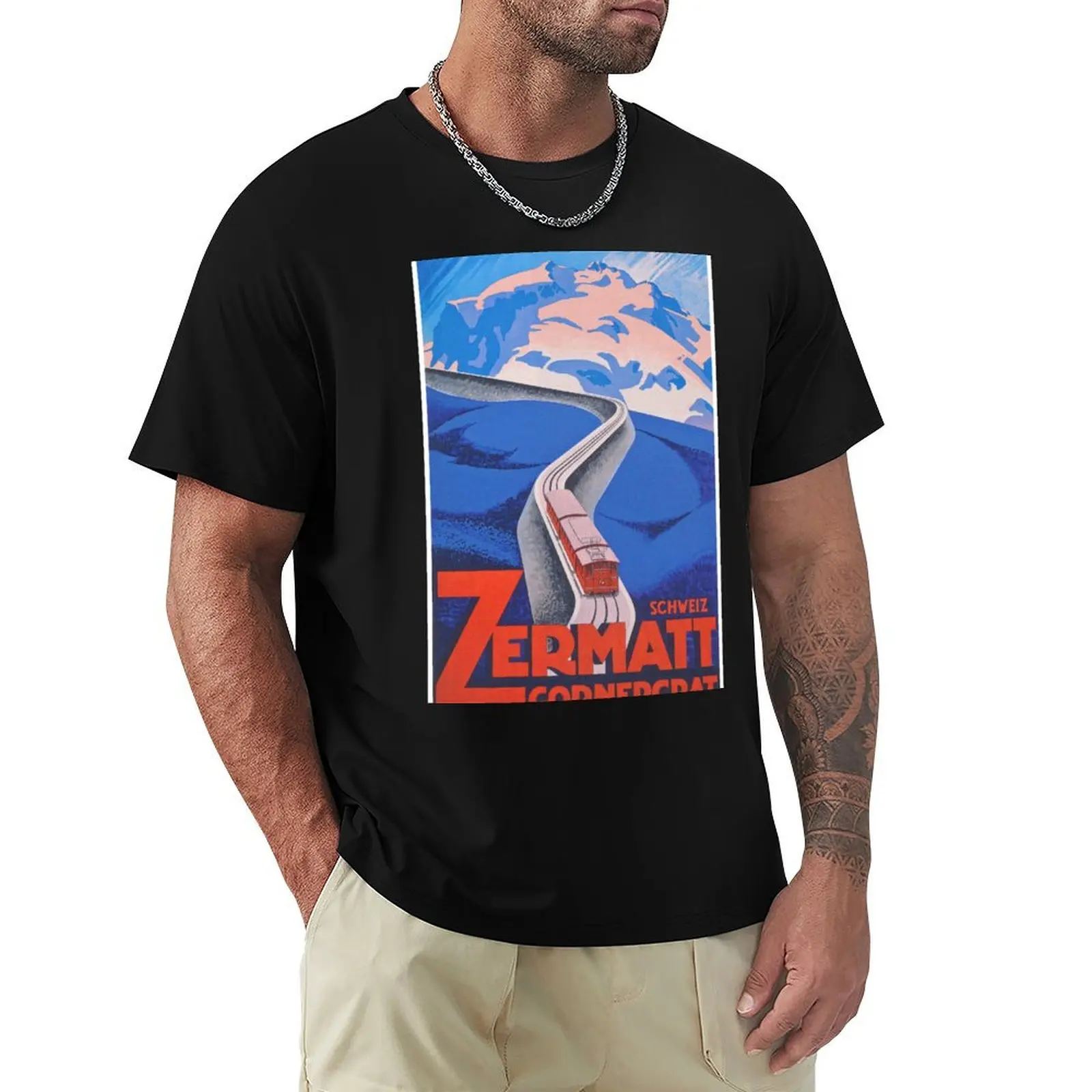 Camiseta con estampado de tren vintage de Zermatt, Suiza, camiseta de talla grande para uso diario