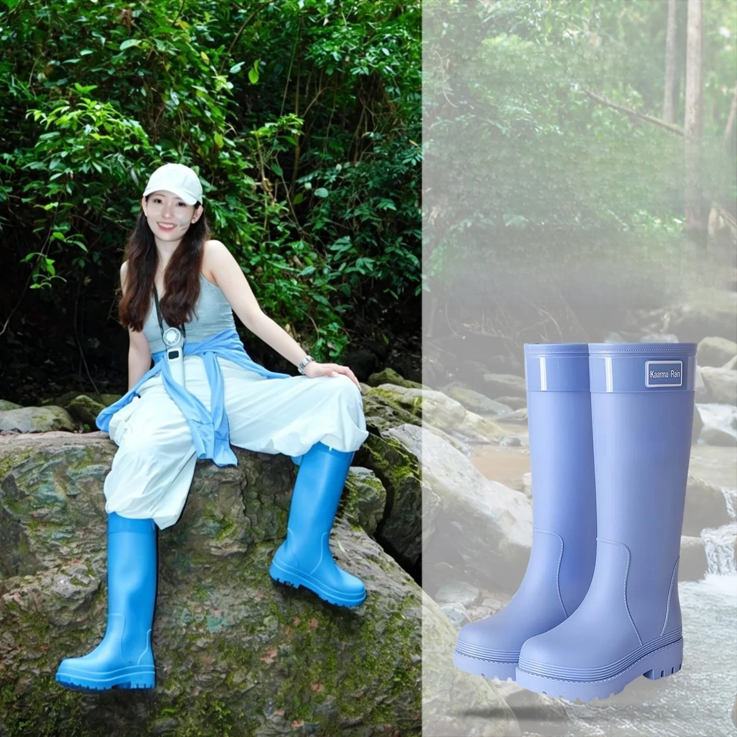 High-Tube Women's Rain Boots Blue Outdoor Hiking Waterproof Shoes Gkin Mountain Style PVC Material Knee-High Booties