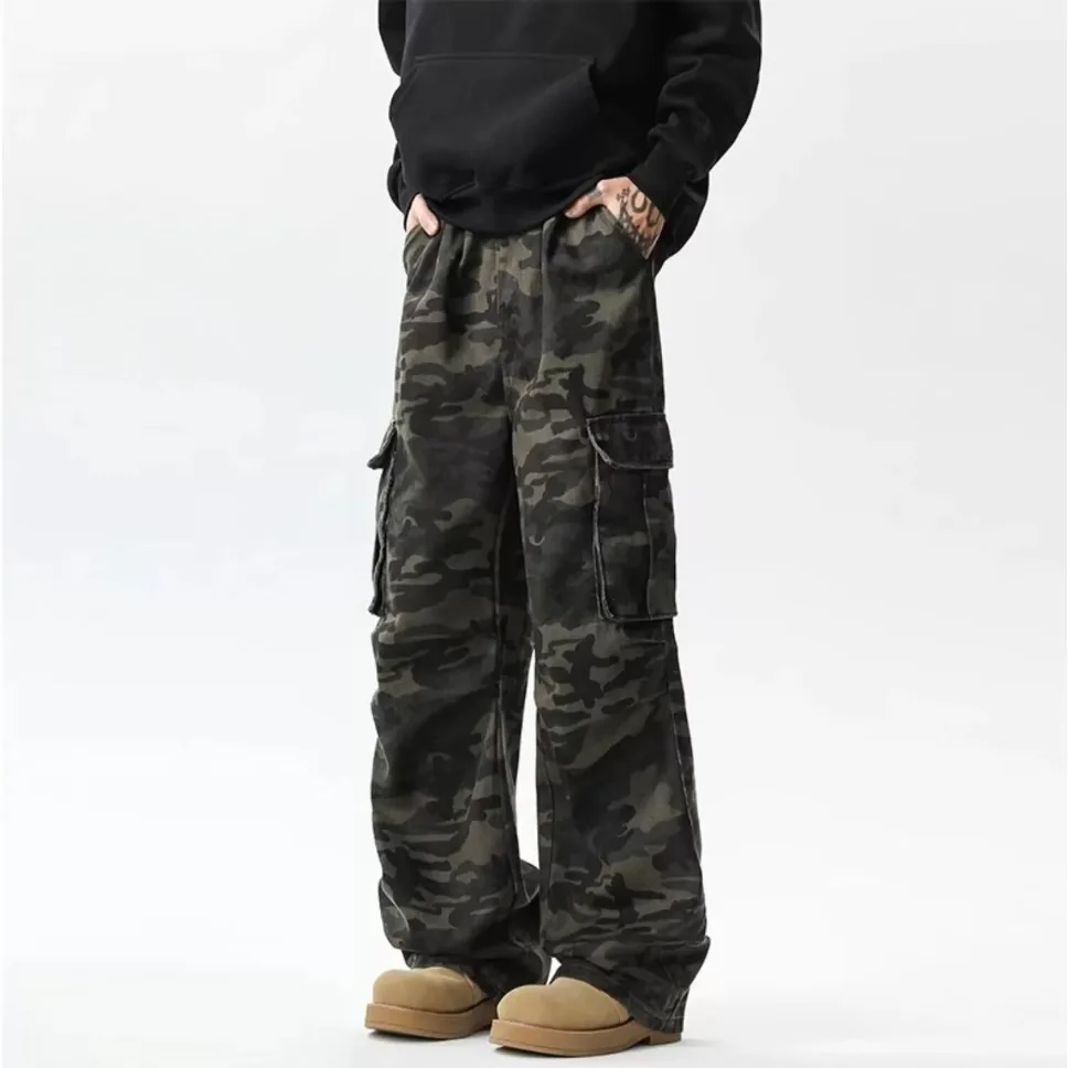 High Street Camouflage Multi-Pocket Tooling Jeans Men's Wide Leg Scimitar Loose Straight Casual Versatile Pants