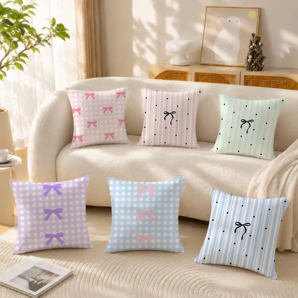 Blue and pink striped plaid bow Cushion Cover Anti-dustmite Pillowcase Invisible zipper silky short plush Sofa cushion cover