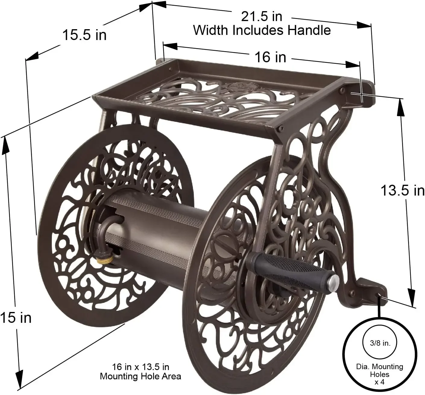704 Decorative Cast Aluminum Wall Mount Garden Hose Reel, Holds 125-Feet of 5/8-Inch Hose