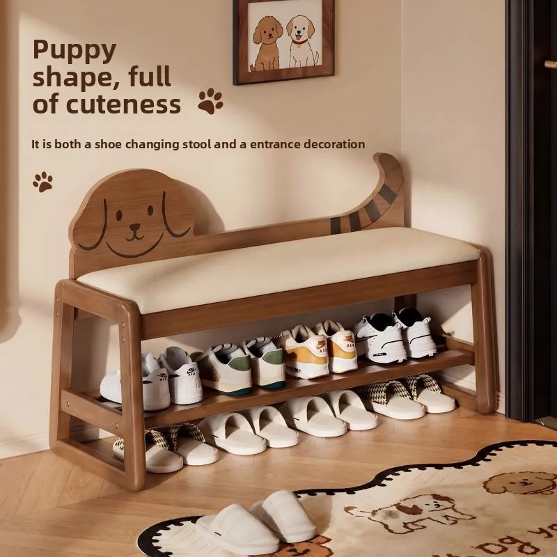 Cartoon style solid wood shoe changing stool, doorstep shoe wearing stool, solid wood shoe rack, leather cushioned leisure bench