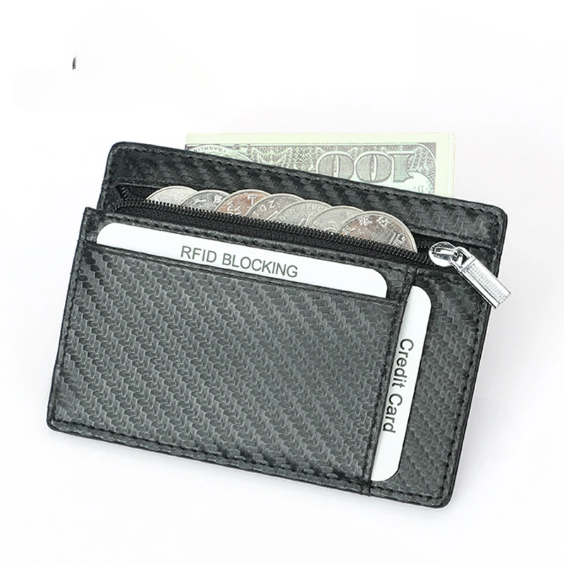 New style carbon fiber pattern card holder Casual fashion first cowhide zipper coin card holder