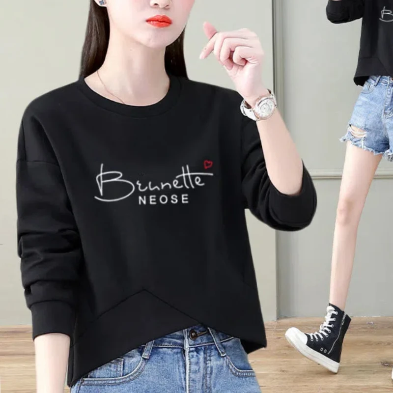 

Корейская модная тенденция, весна-осень, новые женские повседневные свободные пуловеры с круглым вырезом и буквенным принтом, короткие свободные пуловеры с длинными рукавами, кофты, топы