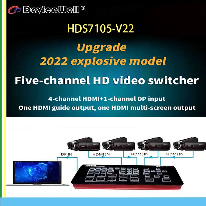 

Devicewell HDS7105-V22 Video Switcher 5-CH HD Video Switcher 4*HDMI-compatible 1*DP SWITCHER for Video Stream HDS7105 _V2022 NEW