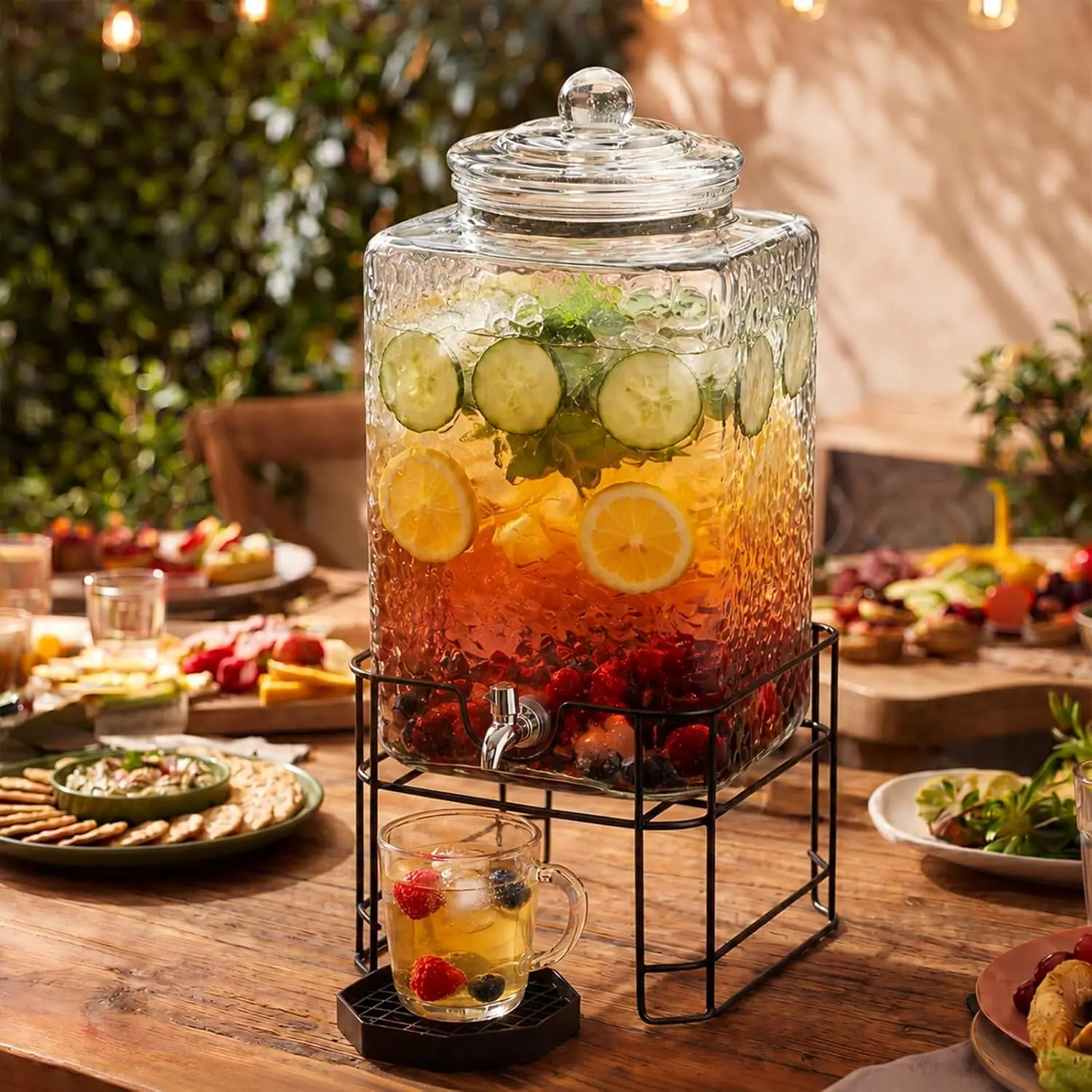 1 Pack 5 Gallon Drink Dispenser for Parties, Hammered Glass Beverage Dispensers with Stand, Stainless Steel Spigot and Drip Tray