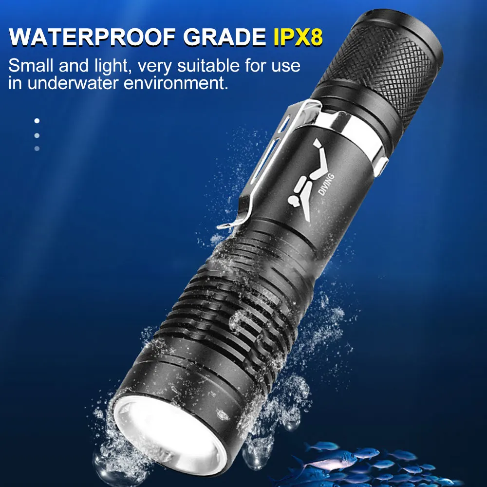 P20 5W LED Diving Flashlight Aluminum Alloy Scuba Diver Flashlight Pen Clip Mini Portable Waterproof IPX8 Underwater Torch