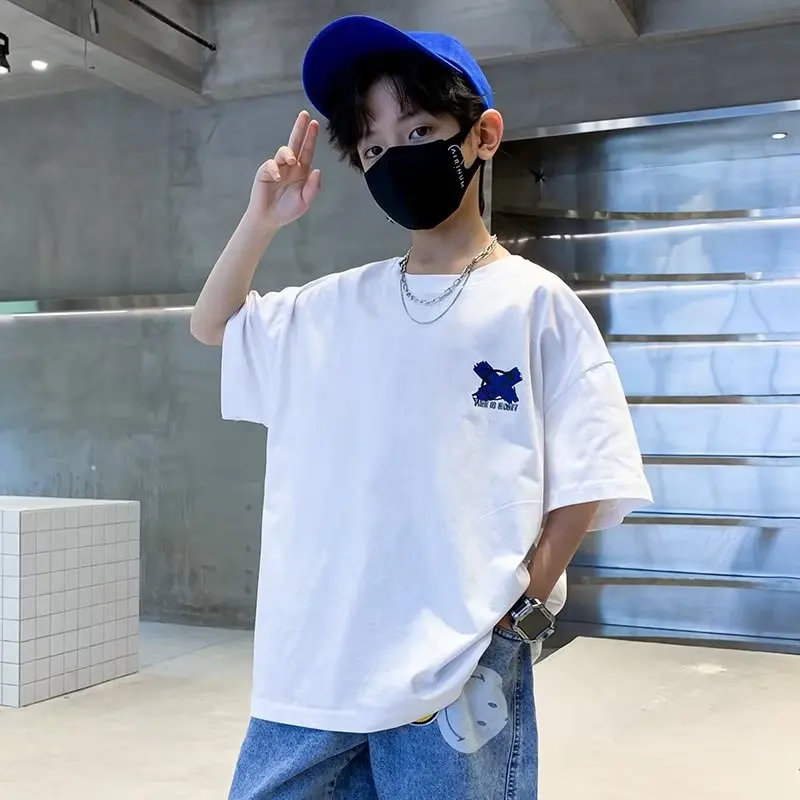 2023S Ummer Children's Wear Boys' Casual Round Neck T-shirt Cool Cartoon Print Children's Short Sleeve 100% Cotton Pullover Tops