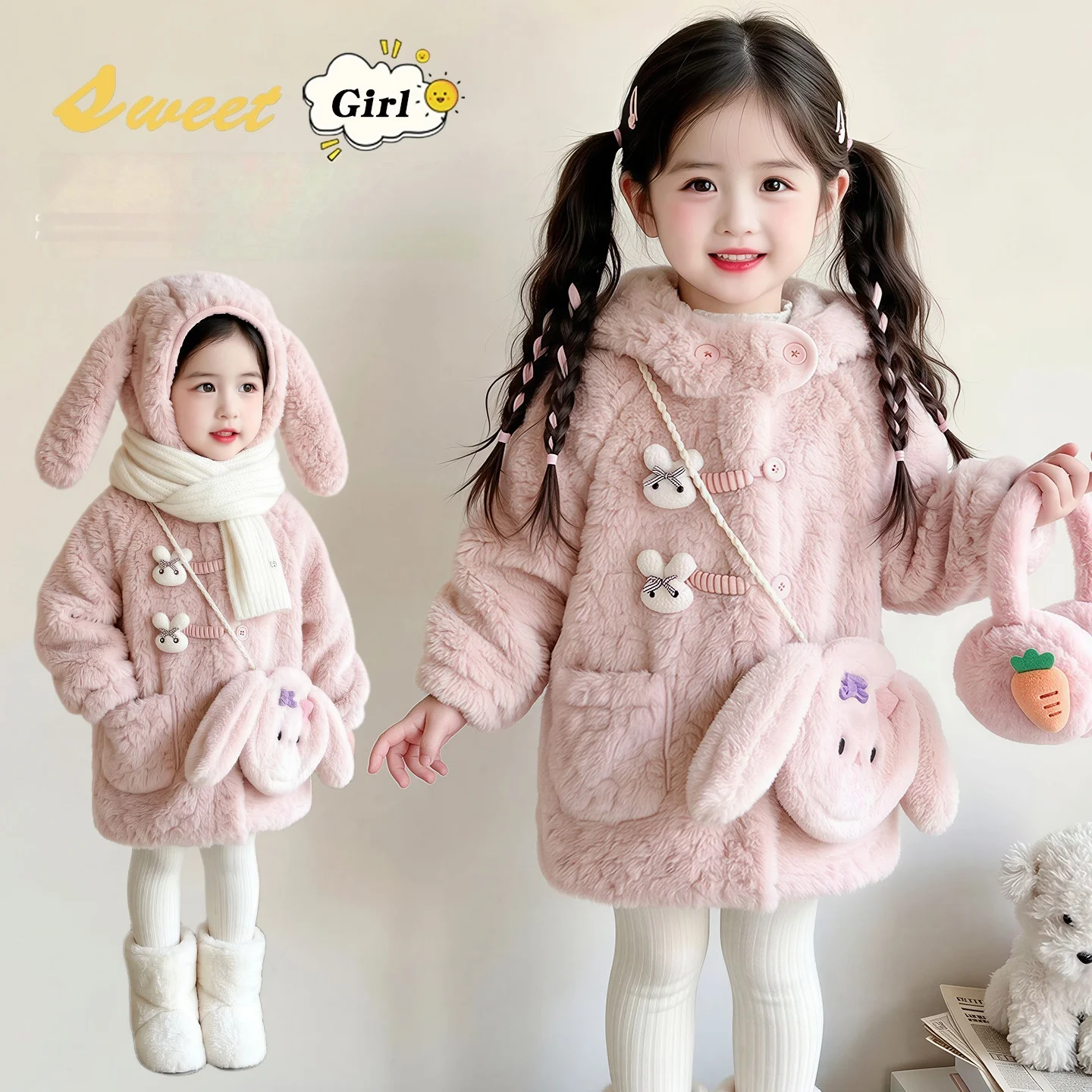 Winter Warm Fashion New 2-10 Years Children Clothing Kids Thicken Long Outerwear Rabbit Ear Hooded Coat With Bag For Baby Girls