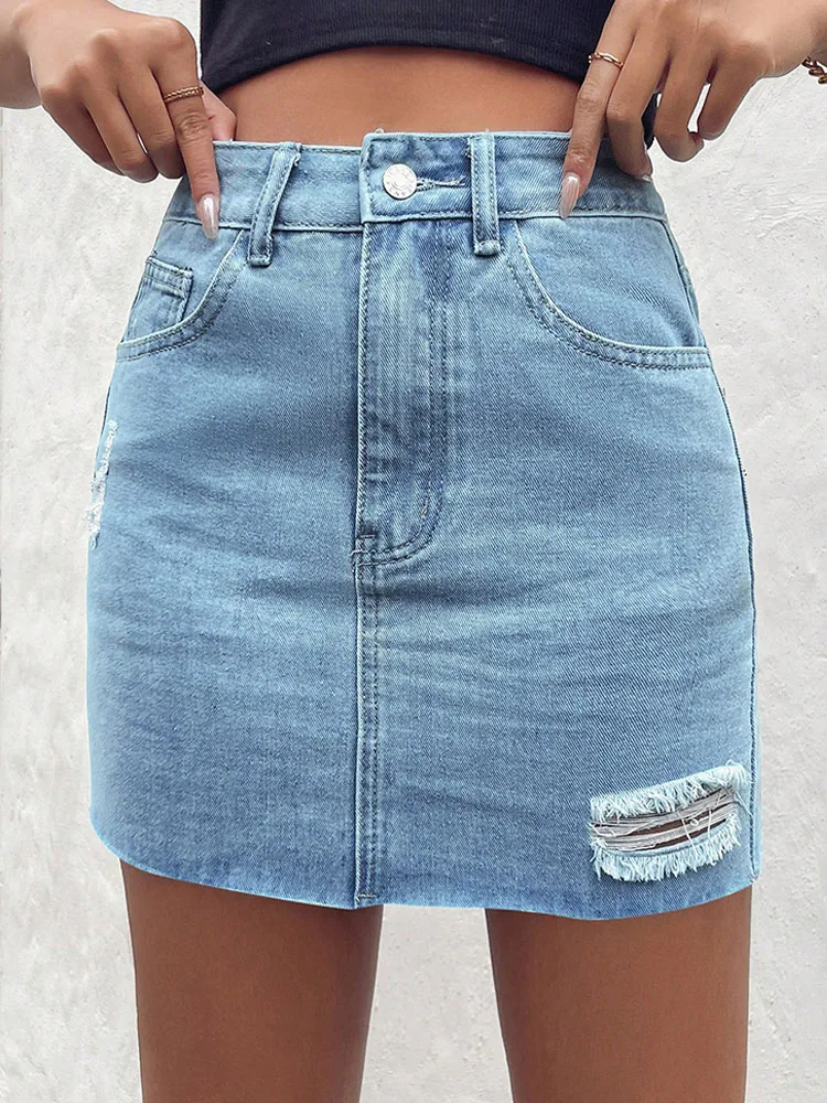 Summer Vintage Ripped Hole Denim Skirts Women Korean Style Trend High Waist Slim Fit Mini Skirt Sexy Spicy Girls Jean Skirts