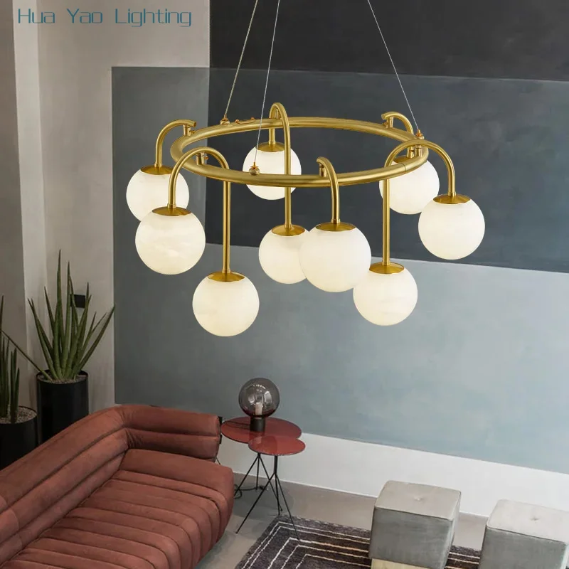 Circular Minimalist Restaurant Pendant Light All Copper Metal Rust Proof Cleverly Matched With Natural Stone For Island Platform
