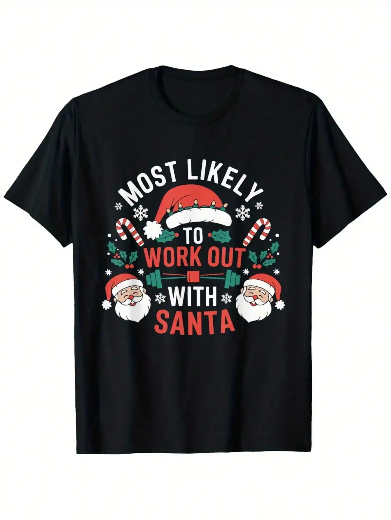 

Humorous Christmas Training T-shirt - Design, Most Likely To Train With Nicolas - Black And Red Letters