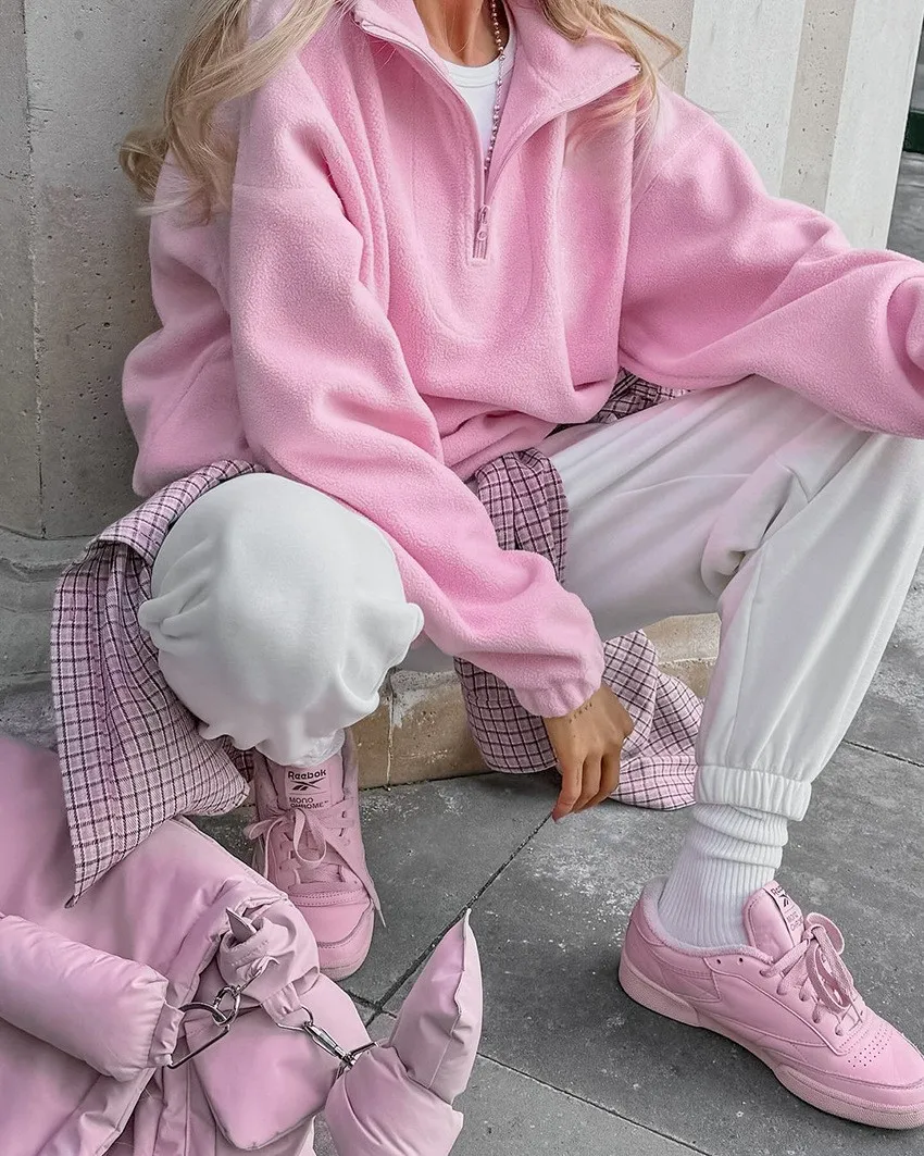 Loose Fit Pullover Hoodie Mid Long Length Commuter Style with Regular Sleeve Long Sleeve Notched Lapel Zipper Women Sweatshirt